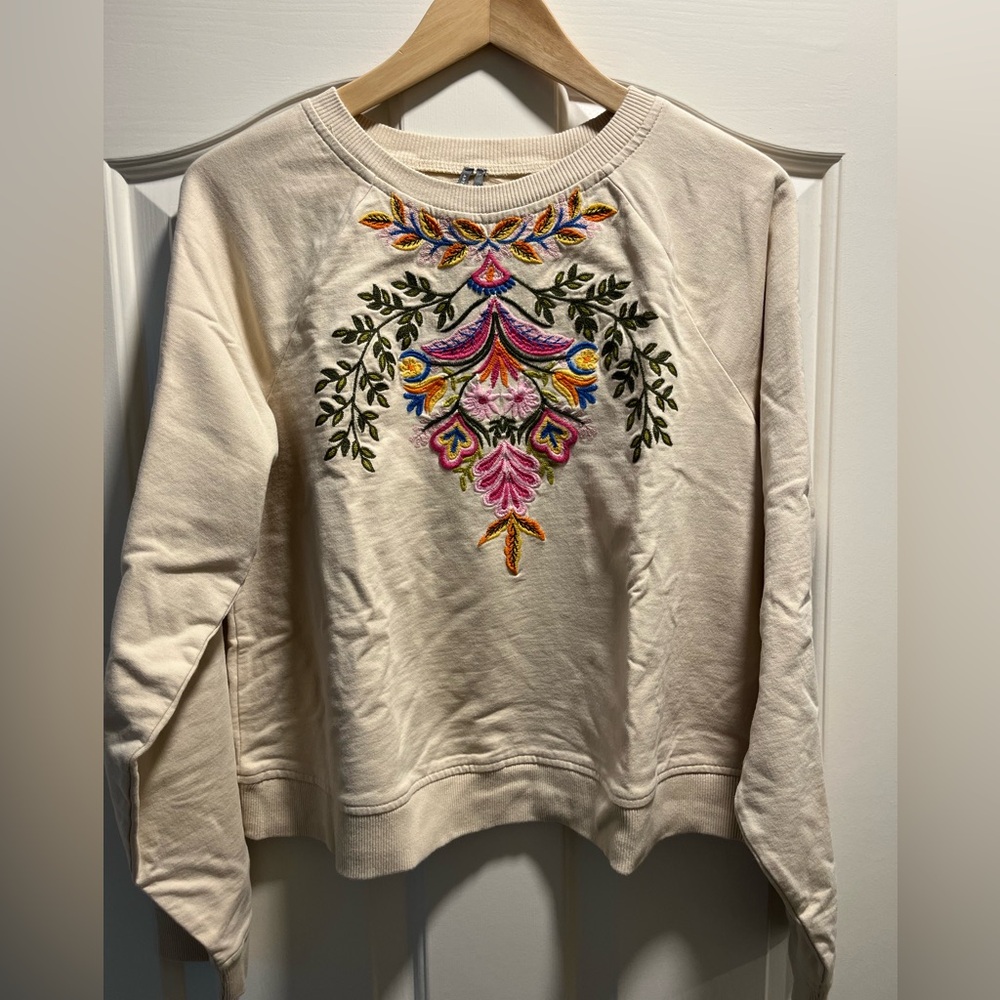 Embroidered Sweatshirt by Anthropologie in Cream